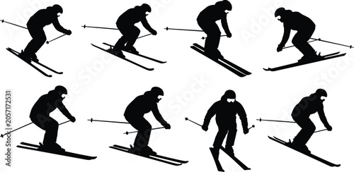 Foto Black silhouettes of skier performing dynamic skiing positions with athletic pos