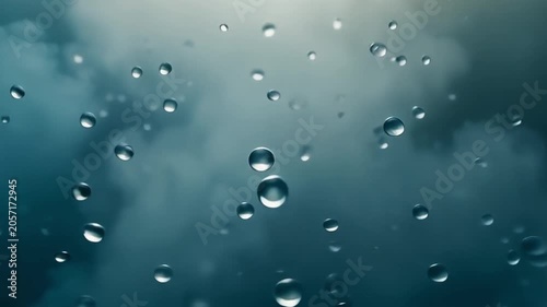 A stunning cinematic macro animation of crystal clear water droplets gracefully floating in mid-air against a moody, deep blue background