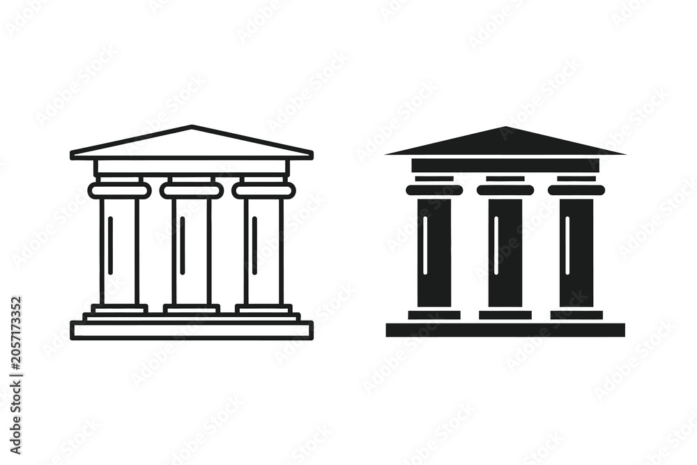 Obraz premium Classical building facade with columns, line art and silhouette vector illustration