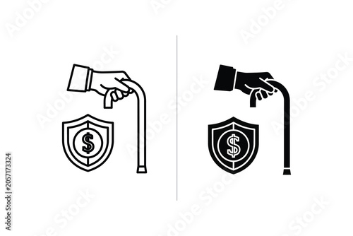 Fotografie Hand dropping coin into shield vector line illustration, financial security conc