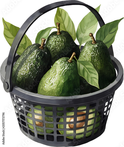 Avocados in a black plastic basket illustration