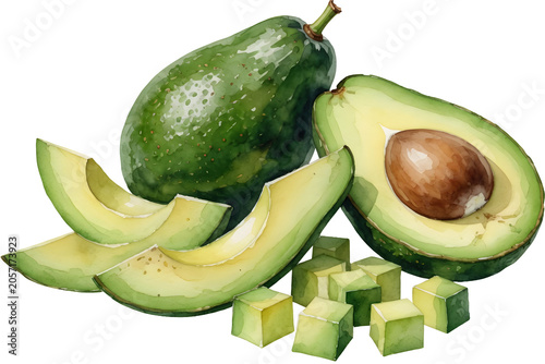 Avocados cut into various shapes illustration