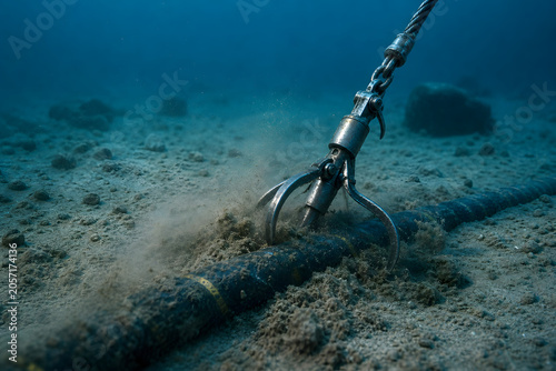 Grapnel Hook Snagging Submarine Cable On Seabed