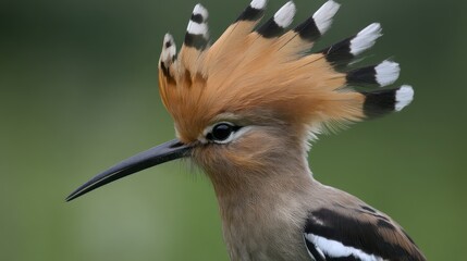 Close up of a hoopoe bird showing details of feathers and beak outdoors