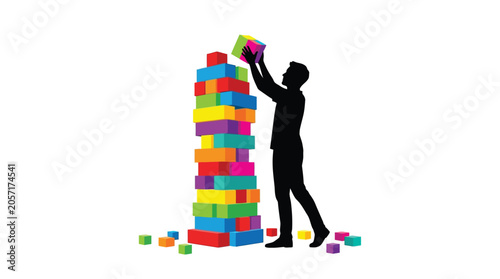 Bild auf Leinwand Silhouette of person building colorful rectangular block tower on white backgrou