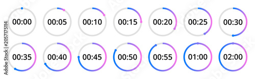 Фотография Set of minimal modern round gradient timer icons with 5-minute or second interva