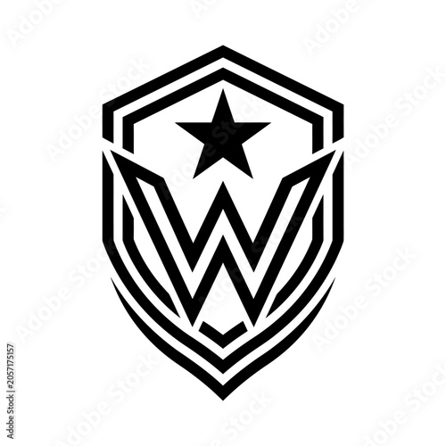 Black and white shield logo with star and letter W.