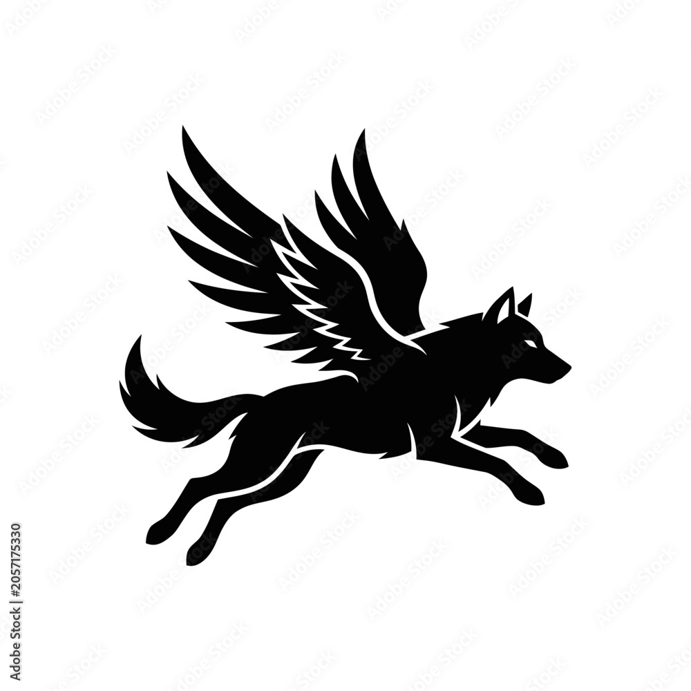 Fototapeta premium Black silhouette of a leaping winged wolf jumping forward.