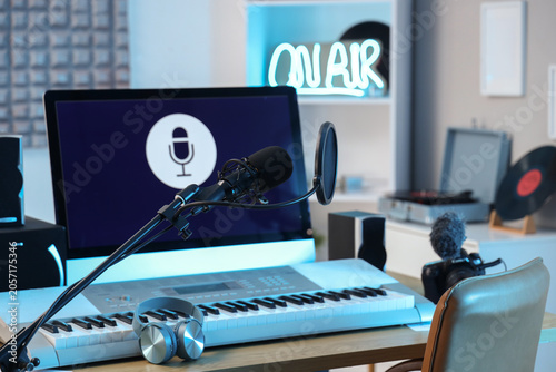 Stand with microphone in re...
