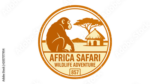Photography African safari badge with ape, baobab tree and hut.