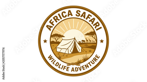 Konstfotografi African safari camping emblem with tent and acacia trees.