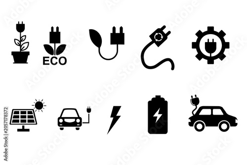 Electric car set icon. Battery, charging station, electric plug, fast charging, home charging, eco-friendly vehicle, electric motor, green energy. Sustainable transportation concept