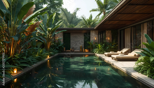 Luxury tropical resort pool with lounge chairs and palm trees