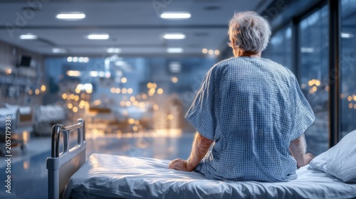 Elderly Man in Generic Hospital Gown Sitting on Bed with Back View