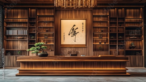 Modern reception desk with elegant wooden bookshelves