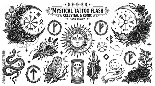 Tableau sur toile Mystical Celestial and Runic Tattoo Flash Solar Imagery