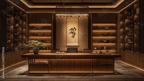 Modern wooden office with bookshelves and a desk