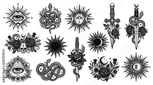 Mystical Symbols with Snakes and Solar Designs for Esoteric Use