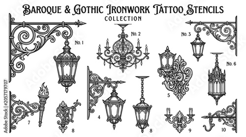 Baroque Gothic Ironwork Tattoo Stencil Collection Vector Art