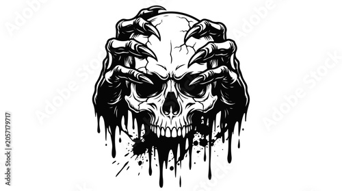Foto Creepy Skull with Dripping Ink and Clawed Hands Monster Terror