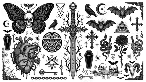 Foto Dark Gothic Symbols Skull Butterfly Sword Heart Rose Ram Skull and Bats