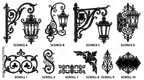 Elegant Black Metal Sconces and Decorative Scrolls Ornate Vintage Designs