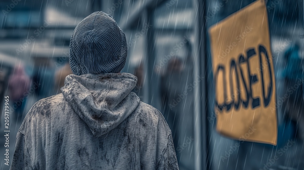 Fototapeta premium Single Male Figure Standing Back View in Rain with Closed Sign Nearby