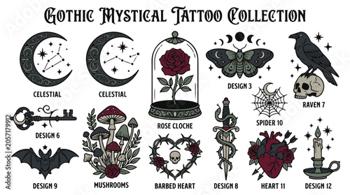 Gothic Mystical Tattoo Collection Featuring Celestial Moons and Raven