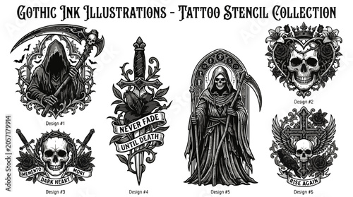 Gothic Ink Illustrations Tattoo Stencil Collection Grim Reaper Skulls and Roses