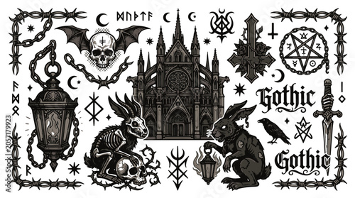 Gothic Occult Symbols and Creatures in Dark Monochrome Style