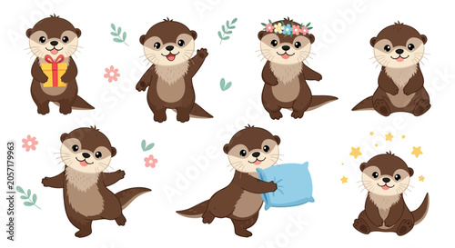 Cute cartoon otter set with various poses and accessories