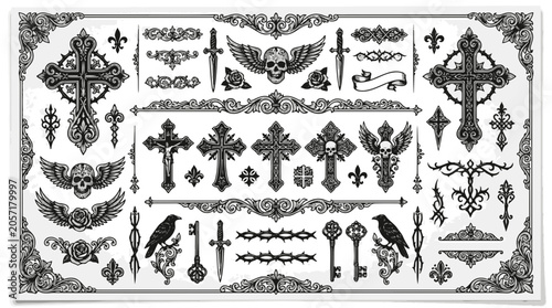 Gothic Ornamental Elements Skull Cross Sword Bird and Key Vector Set