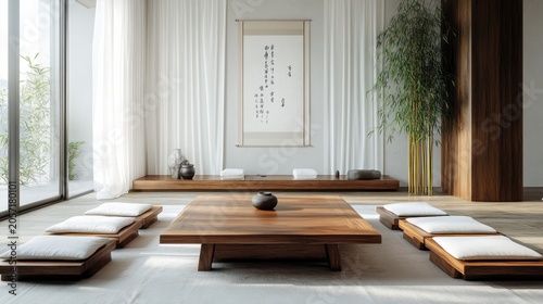 Minimalist Japanese-style living room with low seating and bamboo