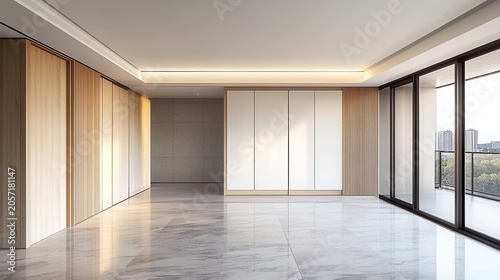 Modern empty room with wooden wardrobes and large windows