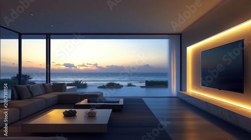 Modern living room with ocean view at sunset
