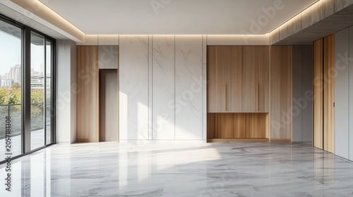 Modern living room with marble floor and wood accents