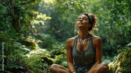 A woman meditating peacefully amidst the lush green forest with sunlight filtering through the trees
