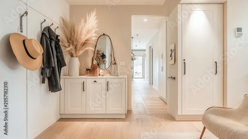 Modern Hallway with White Cabinet and Dried Flowers