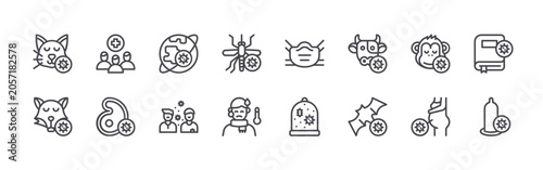 Canvas Print set of 16 thin line virus transmission icons such as cat, fox, crowd, meat, world wide,, mosquito, fever, mask