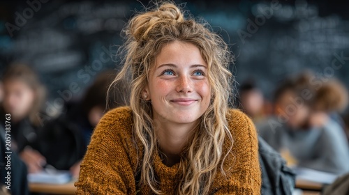 Happy young woman in classroom with messy bun hairstyle smiling thoughtfully