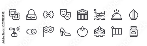Foto set of 16 thin line italy icons such as ravioli, perfume spray, hand bag, pepperoni, pasta, carnival mask, theater masks, high heels, pantheon