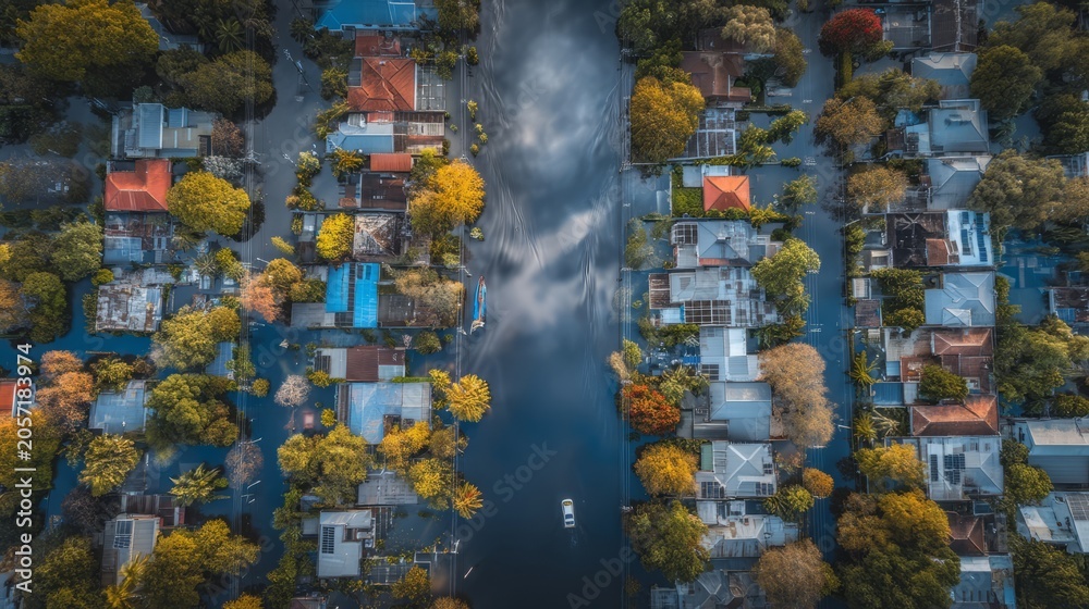 Fototapeta premium Aerial View of Urban Flood Drainage System in a Complex Neighborhood