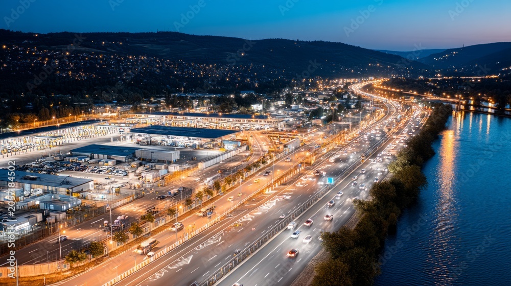 Fototapeta premium Aerial View of Busy Border Crossing Point at Twilight with City Lights