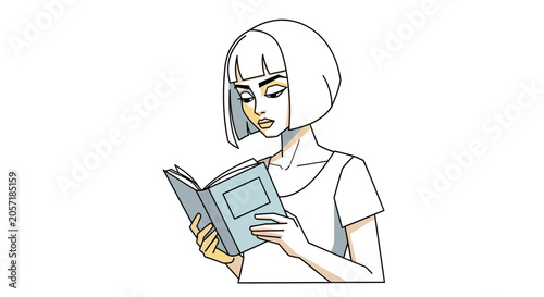 Young woman with bob haircut reading a book, focused expression, soft lighting