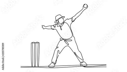 Foto One continuous line illustration of an cricket bowler , isolated on white background