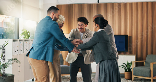 Canvastavla Team building, business people and stack hands in office for cooperation, support or goal motivation
