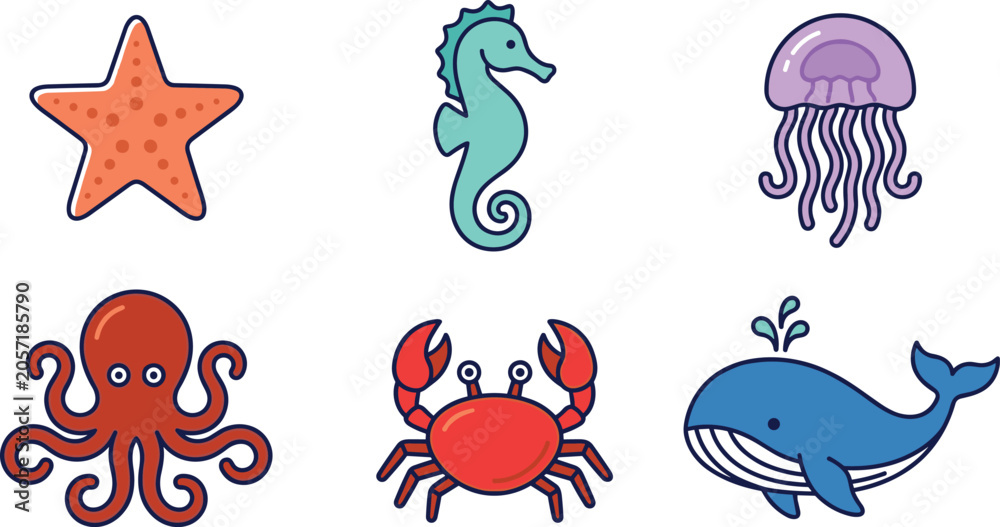 Fototapeta premium Cute Sea Life and Marine Animals Flat Vector Icon Set Featuring Starfish Seahorse Jellyfish Octopus Crab and Whale for Creative Graphic Designs