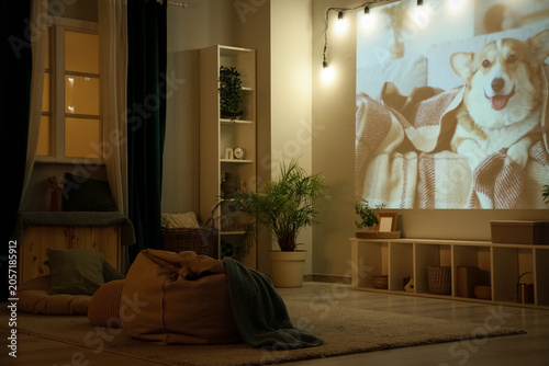 Schilderij op canvas Cozy home cinema setup with projector displaying happy corgi dog on blanket, rel