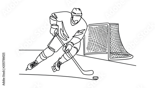 Photography One continuous line illustration of an ice hockey , isolated on white background