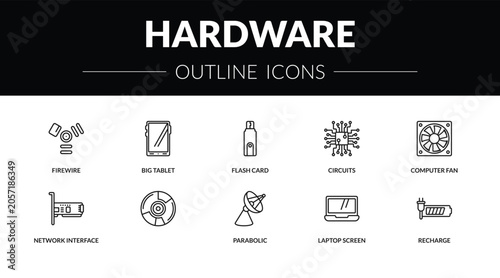 outline hardware icons set - firewire, big tablet, network interface card, recharge. editable vector for web and mobile ui
